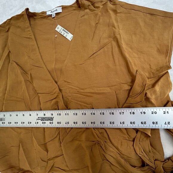 Madewell Linen-Blend Sash-Tie Wrap Top XL Toffee Short Sleeve AN950 New $75 - Picture 6 of 7